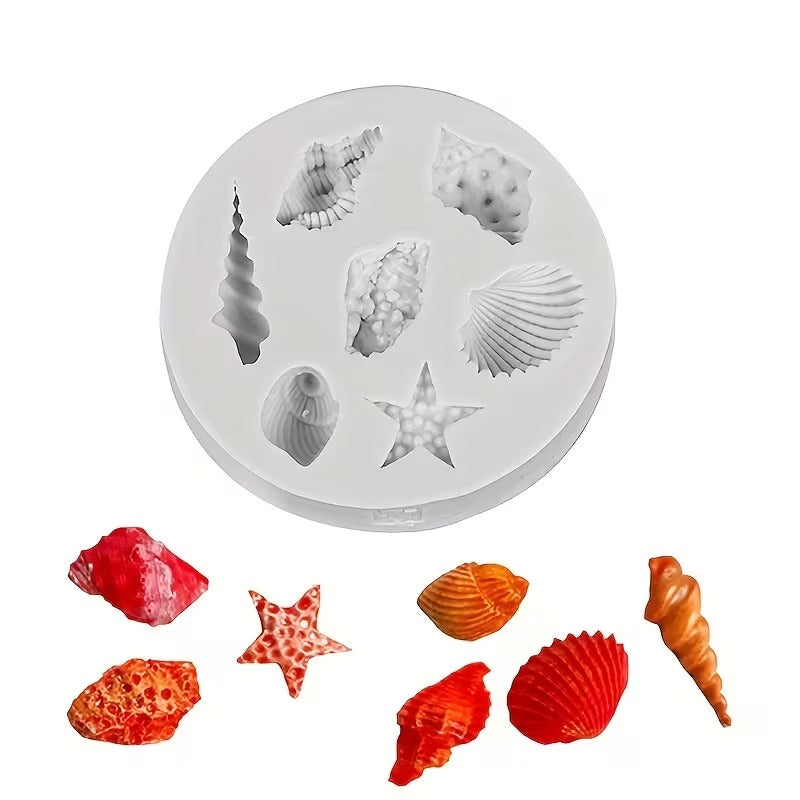 Sea shell silicone mould showing all 8 ocean-themed cavities and cast samples