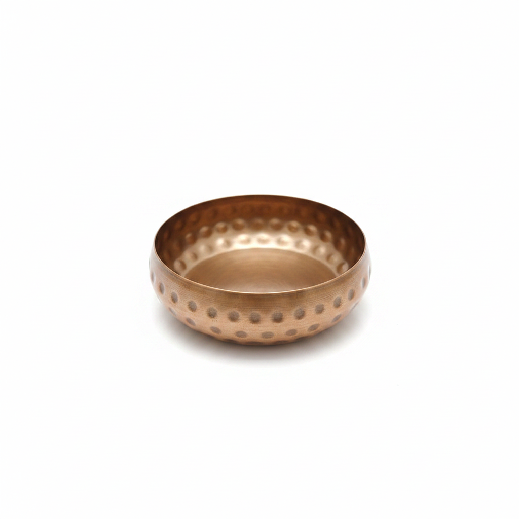Hammered copper gold round bowl candle vessel, 3 inch, angled view