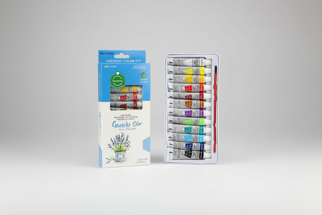 KeepSmiling Gouache Color Set 12 Colours + 1 Brush 12x12ml — box and tubes laid out