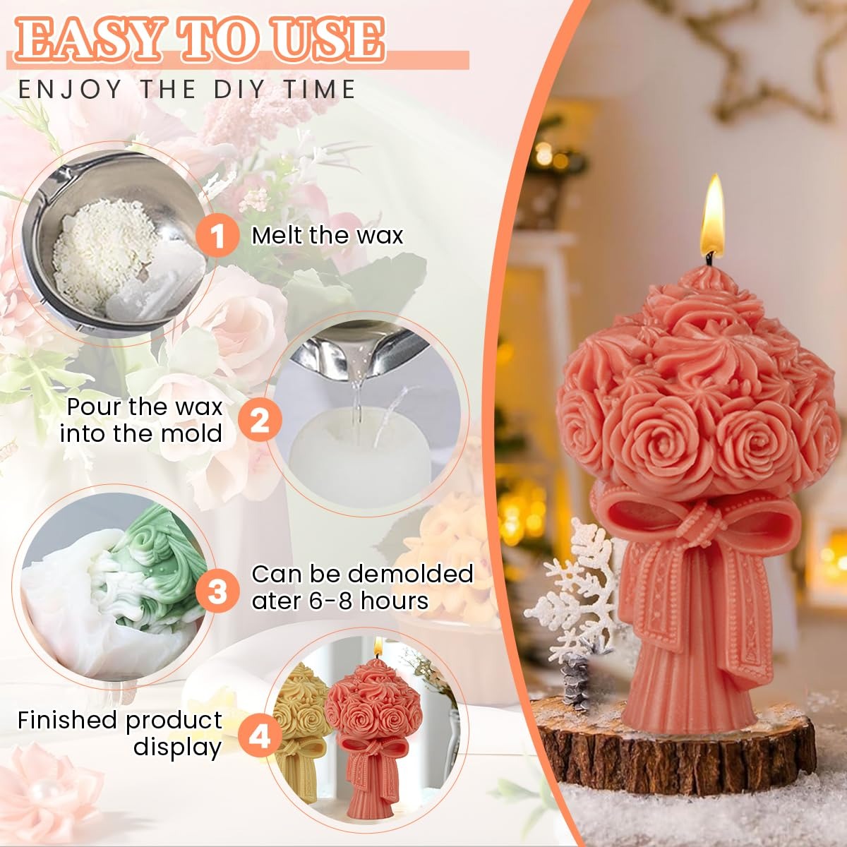 Flower Bouquet Silicone Candle Mold | 3D Wedding Floral Pillar Wax Mold 9.7cm