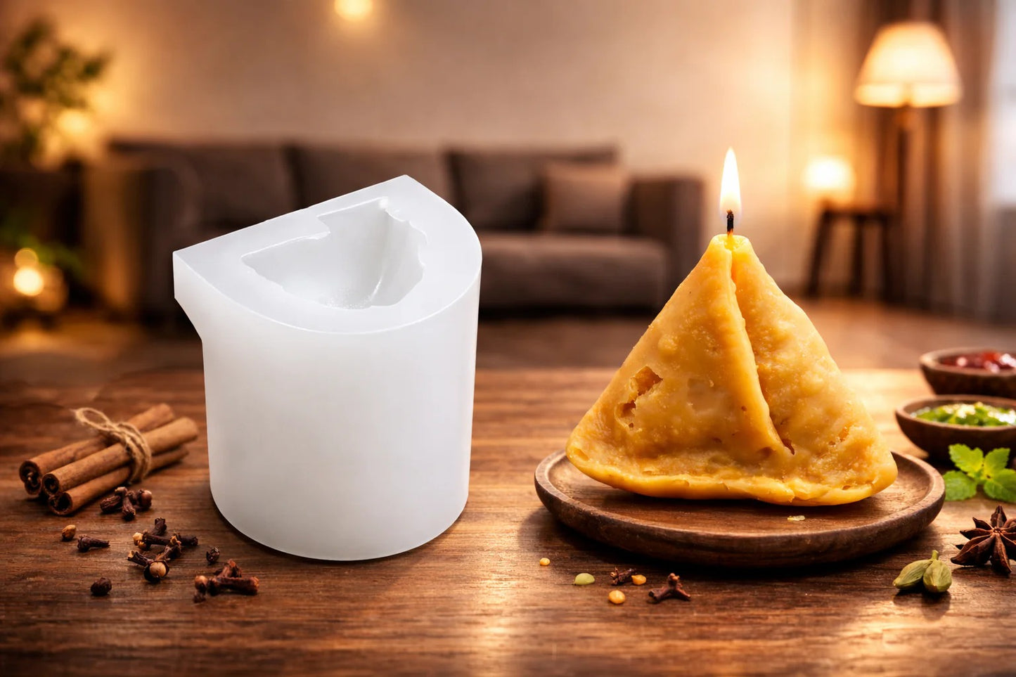 AI lifestyle render of samosa candles in a festive Diwali gifting arrangement