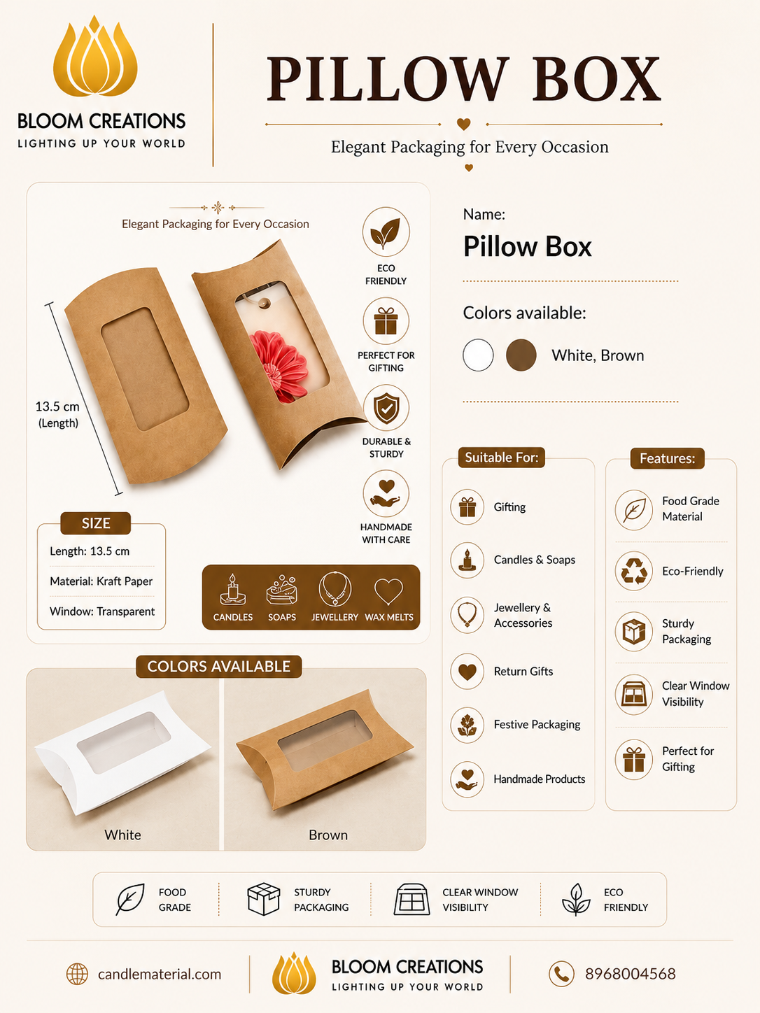 Pillow Box – Kraft Paper Window Packaging for Candles, Soaps & Gifts | Brown & White