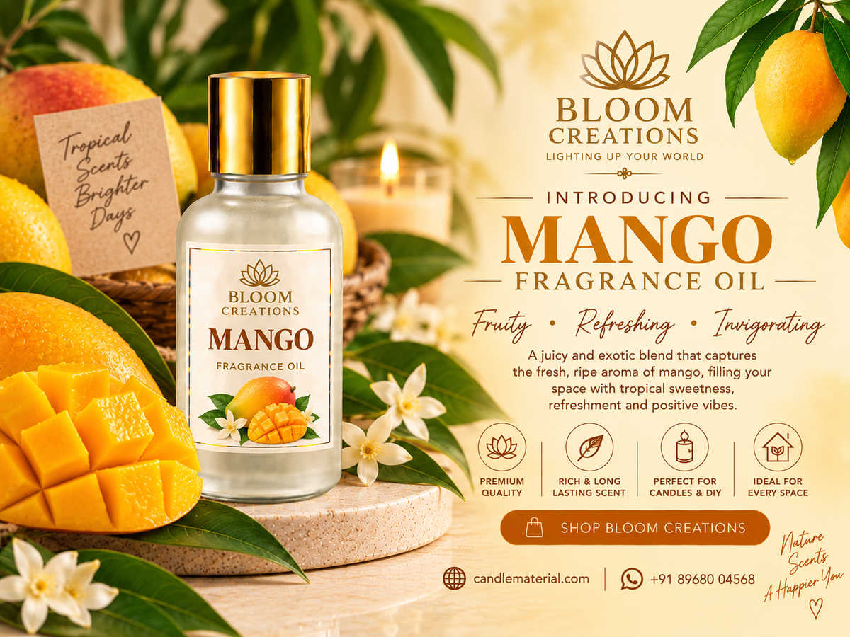 Bloom Creations Mango Fragrance Oil bottle with a gold cap, surrounded by ripe mangoes and green leaves in a tropical promotional image