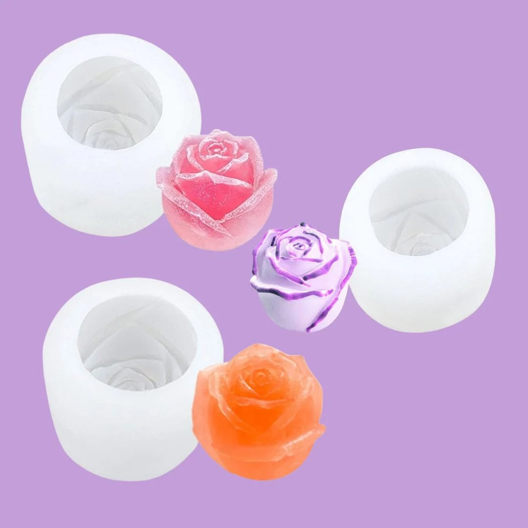 3D Rose Flower Silicone Candle Mould – all three sizes with finished rose candles in pink, purple and orange