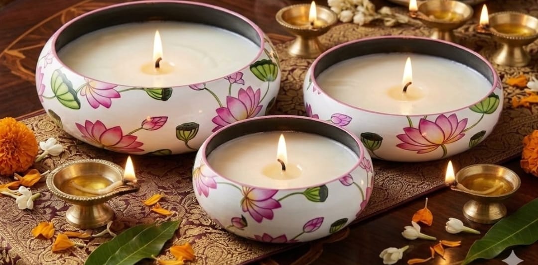 White metal pink lotus print candle bowls with lit candles in Diwali setting