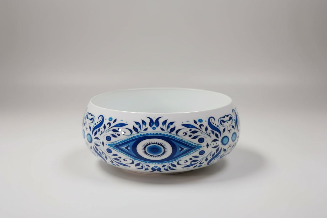 White metal evil eye and blue floral print round candle bowl, 4 inch