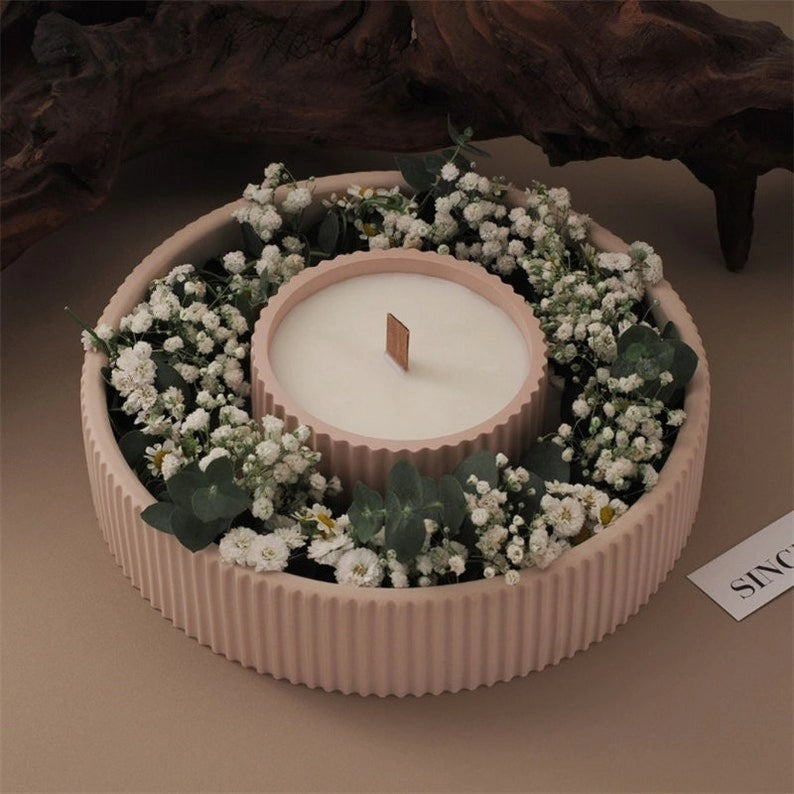 Ribbed Wreath Candle Vessel Silicone Mold - 3D Round Floral Tray & Table Centerpiece Pot Mold