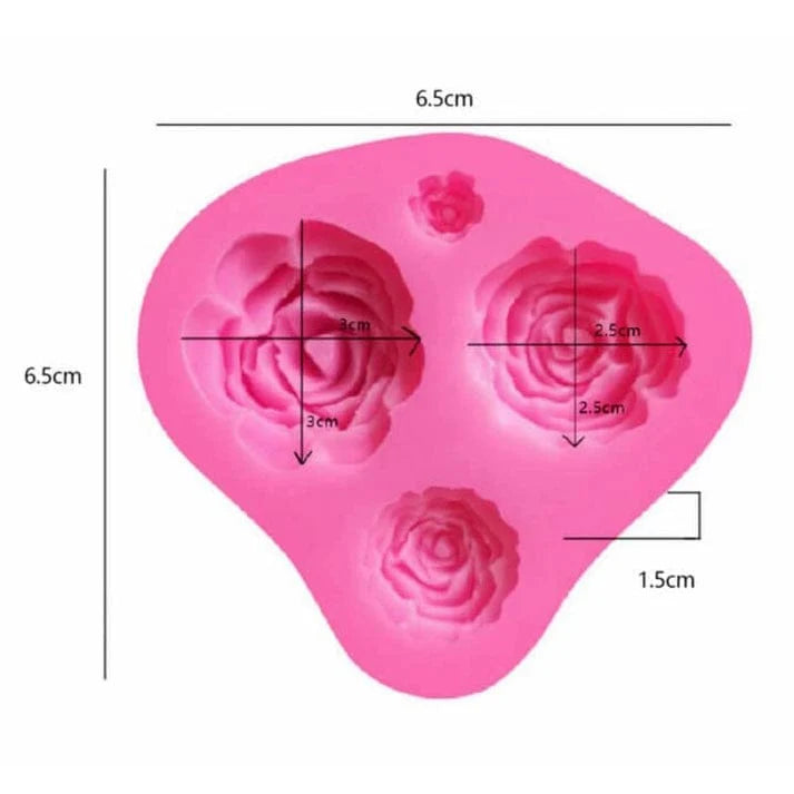 Rose flower mould dimension guide showing approximately 6.5 by 6.5 cm overall and 3 cm and 2.5 cm rose cavities