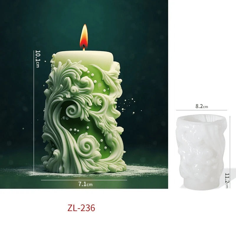 Baroque acanthus scroll pillar silicone candle mould ZL-236 – spec image showing finished green pillar candle (7.1×10.1cm) and white silicone mould (8.2×11.2cm) with ornate carved scrollwork detail
