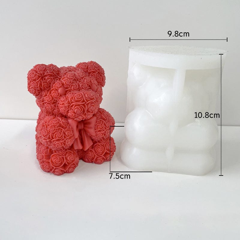 3D Rose Teddy Bear Silicone Candle Mould Large – showing mould and finished candle with dimensions 9.8x7.5x10.8cm