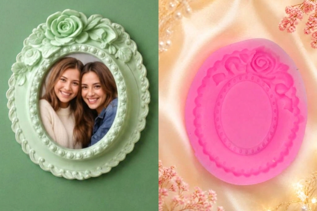 Rose oval silicone frame mold and finished green resin photo frame