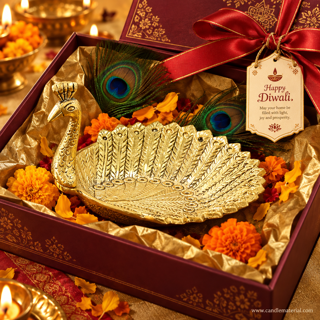Gold peacock tray in luxury Diwali gift box with gold tissue, peacock feathers and red ribbon