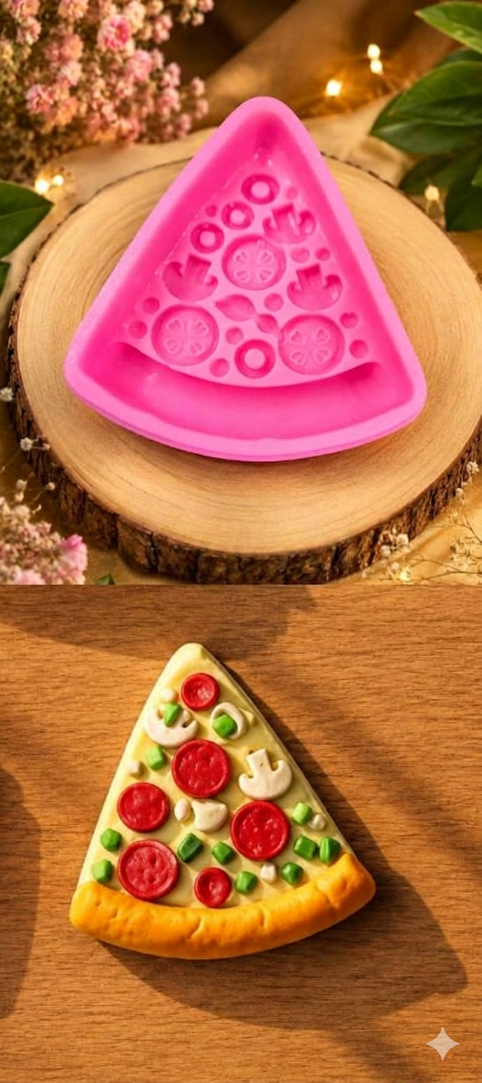Pizza Slice Silicone Mold by Bloom Creations – pink 3D mold and finished resin pizza slice with toppings