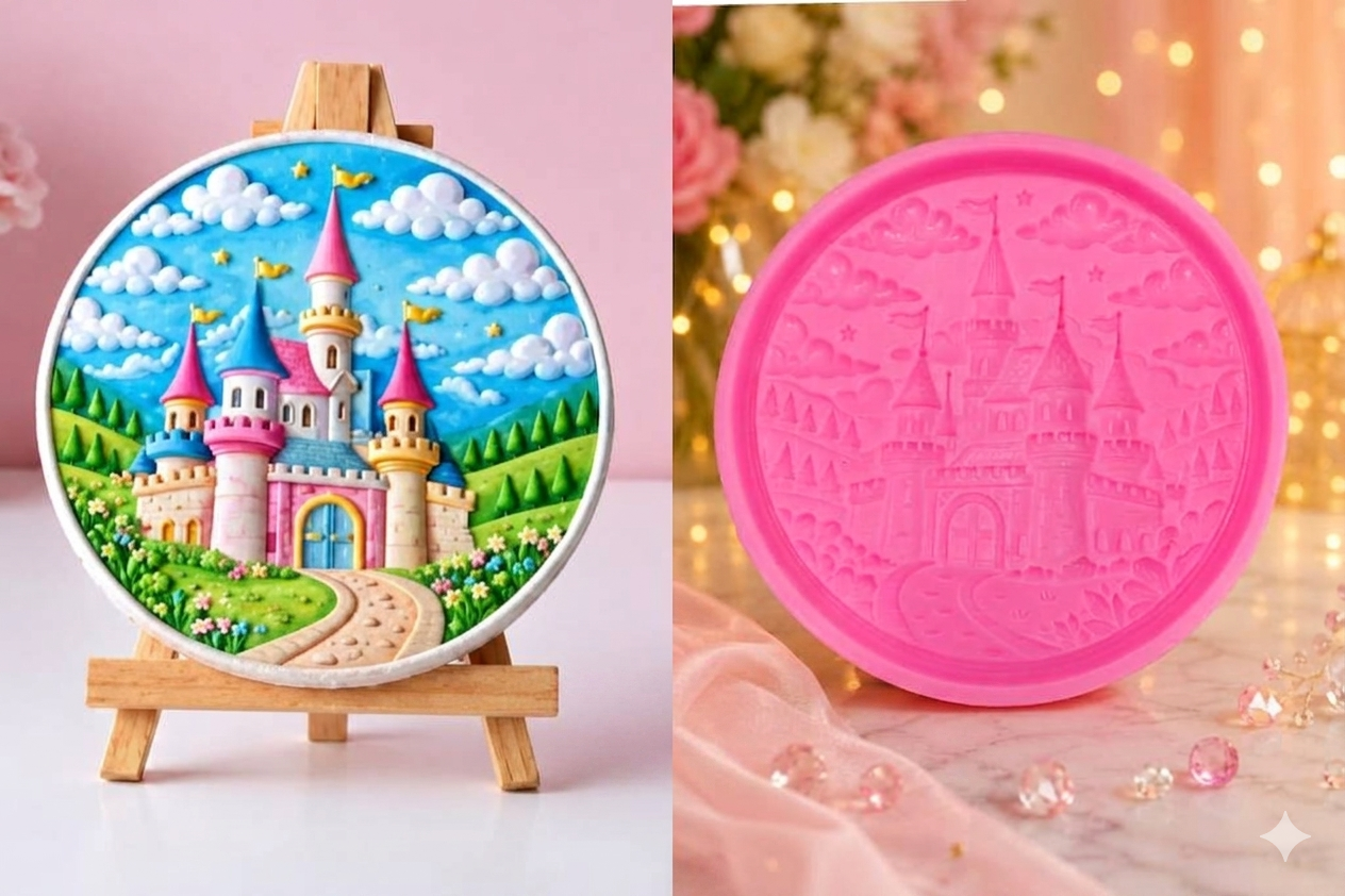 Princess Castle Round Plaque Silicone Mold by Bloom Creations – pink circular mold and finished colourful resin castle plaque on easel