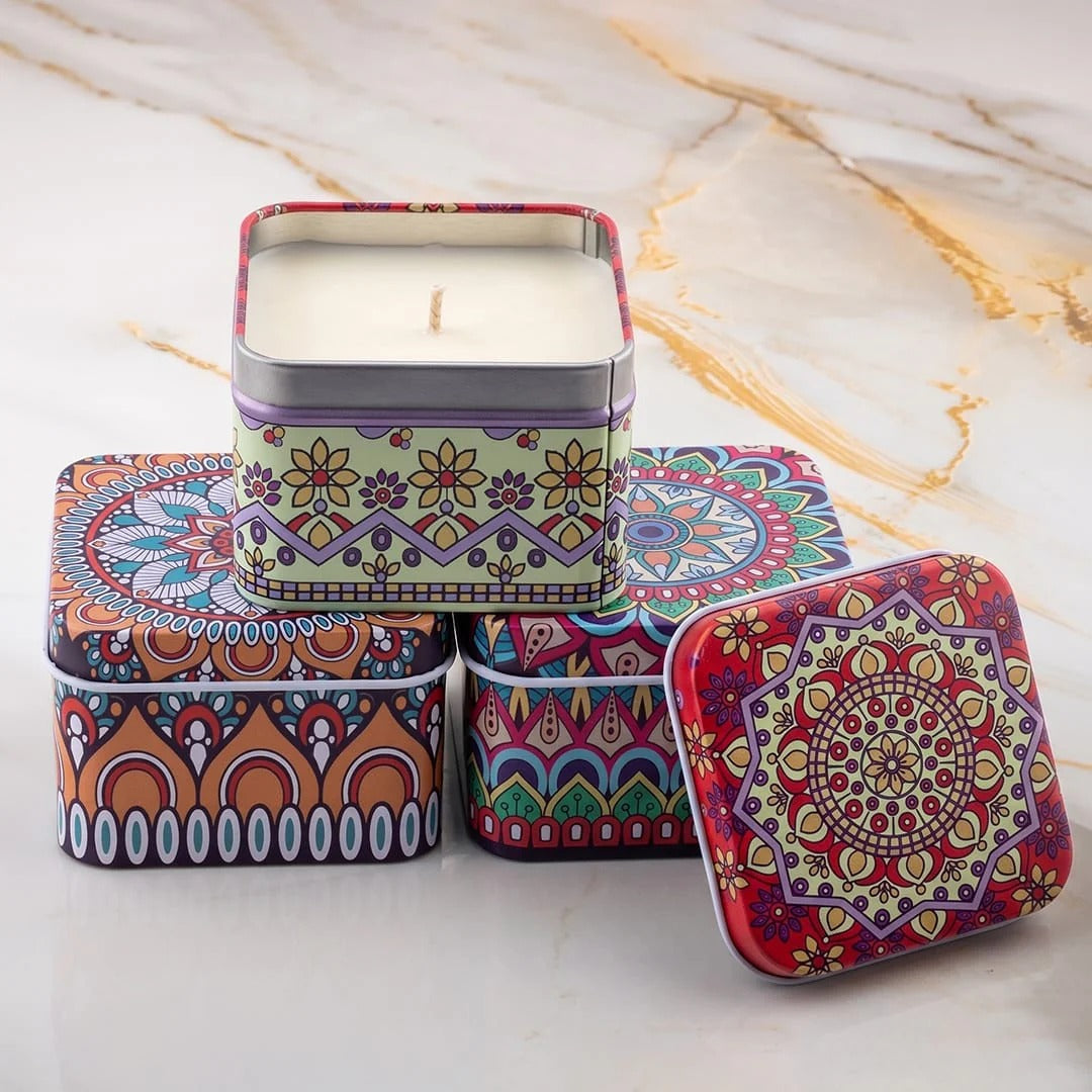 Square Mandala Candle Tin Set of 12