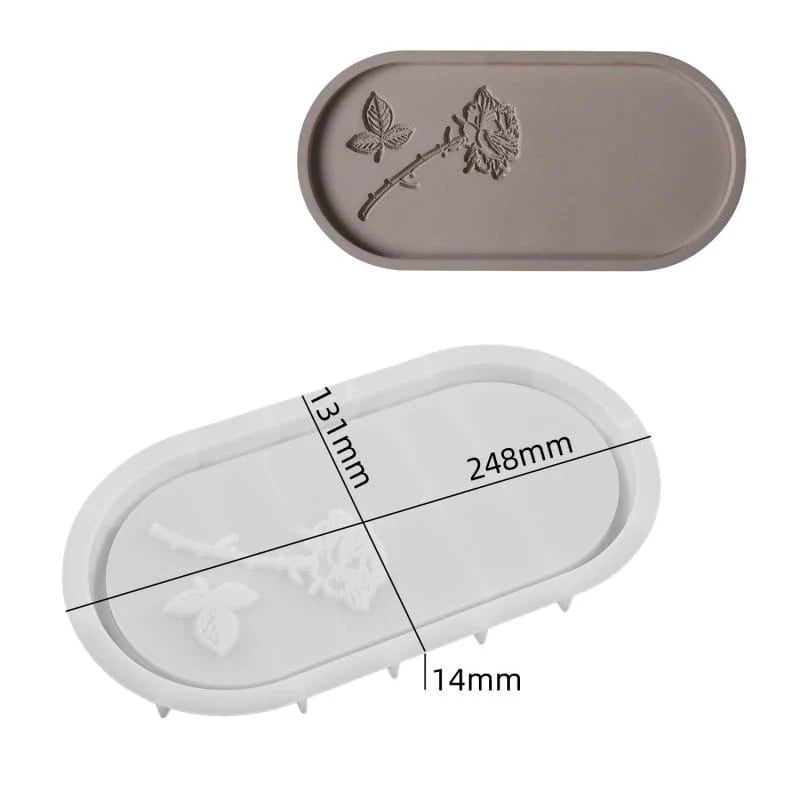 Oval Rose Tray Silicone Mould 248x131x14mm – showing mould and finished tray with embossed rose stem design