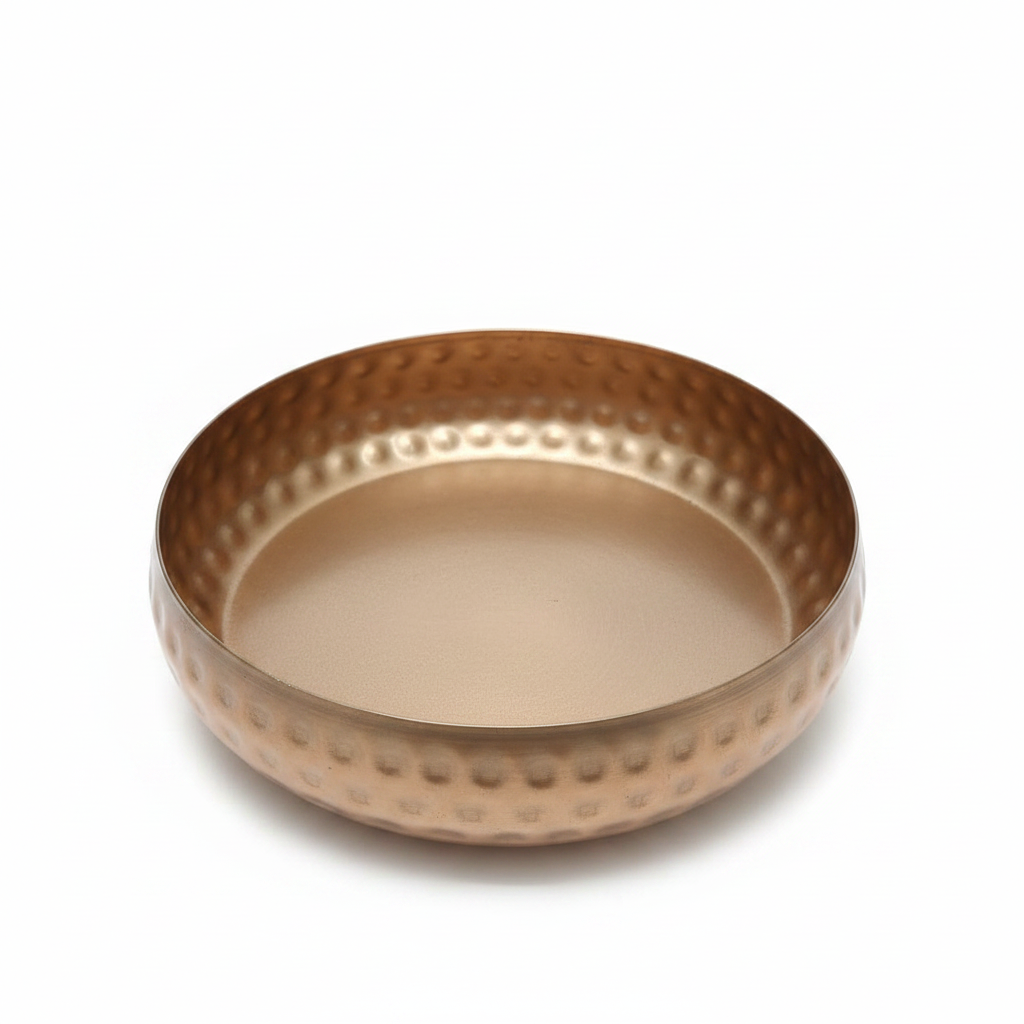 Hammered copper gold round bowl candle vessel, 10 inch, top view