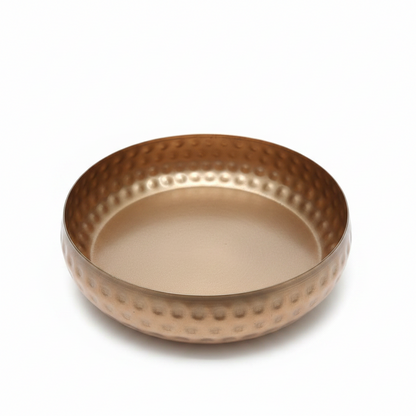 Hammered copper gold round bowl candle vessel, 10 inch, top view