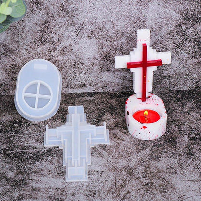 Cross Tombstone Candle holder mold , Candlestick holder silicone molds, resin concrete cement terrazzo plaster candle tealight holder mould