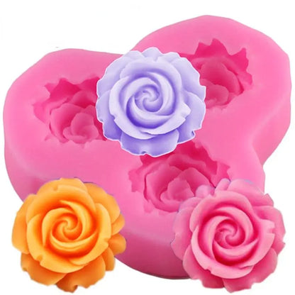 1pc 3 Cavity Rose Flower Shaped Silicone Mold, 3D Fondant Mold