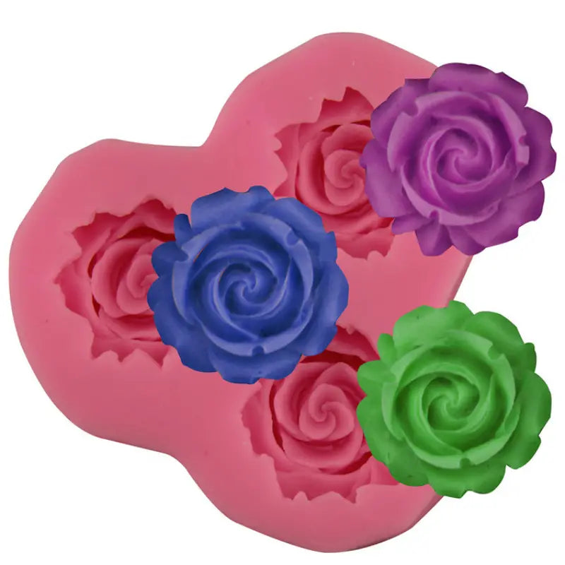 1pc 3 Cavity Rose Flower Shaped Silicone Mold, 3D Fondant Mold