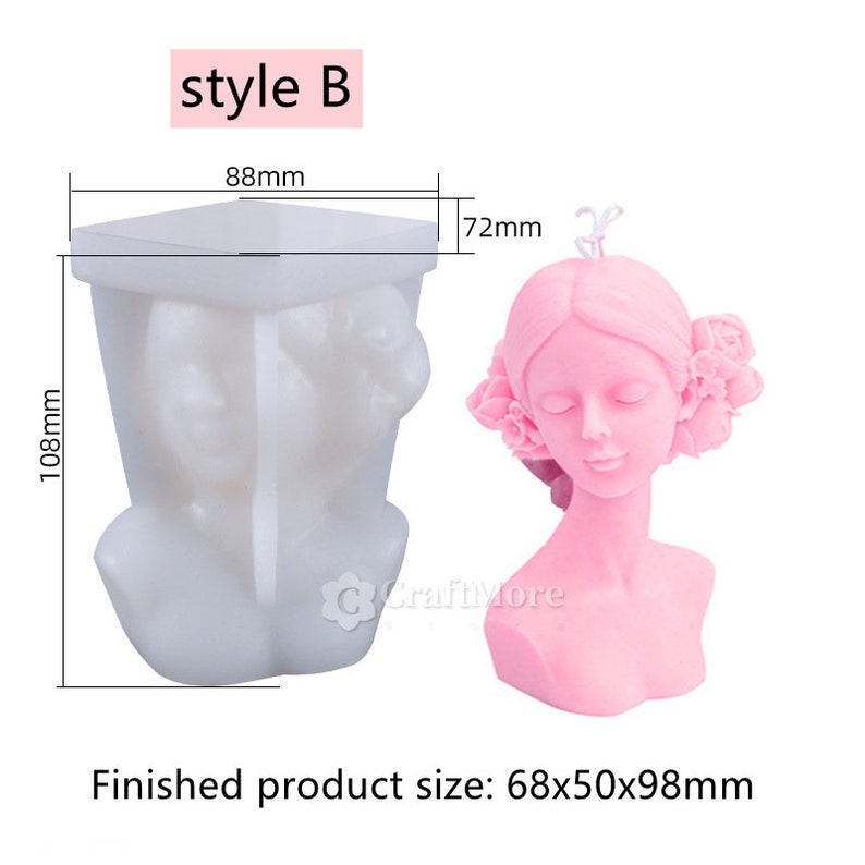 3D bust of girl silicone candle mold — alternate angle view