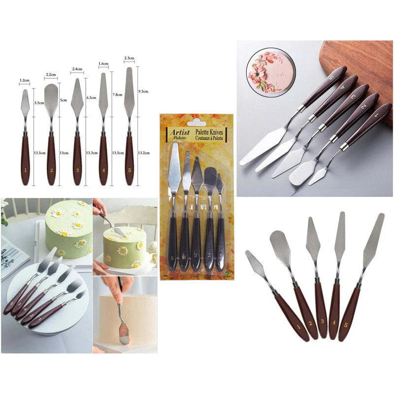 Artist Palette Knife Set 5PCS — stainless steel blades with wooden handles in graduated sizes