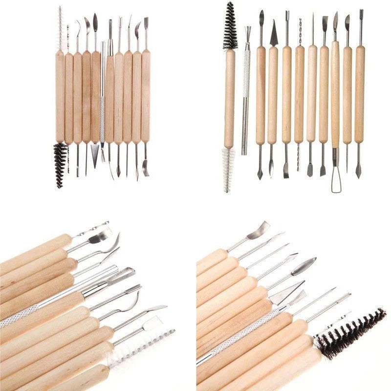 Clay Sculpting Tools Set with wooden handles and stainless steel double-ended tips for pottery and ceramics