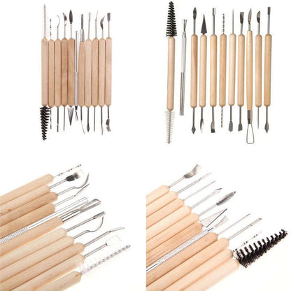 Clay Sculpting Tools Set with wooden handles and stainless steel double-ended tips for pottery and ceramics