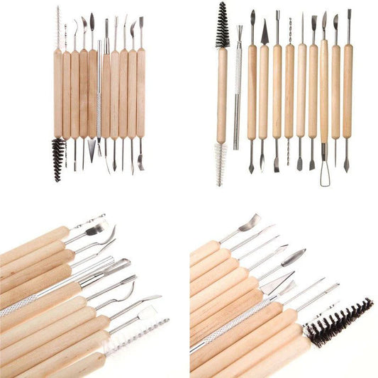 Clay Sculpting Tools Set with wooden handles and stainless steel double-ended tips for pottery and ceramics