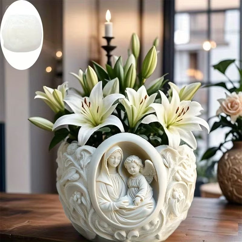 Madonna & Child Silicone Mould — Religious Flower Vase Cast (9.5×8.5 cm Christian Decor)
