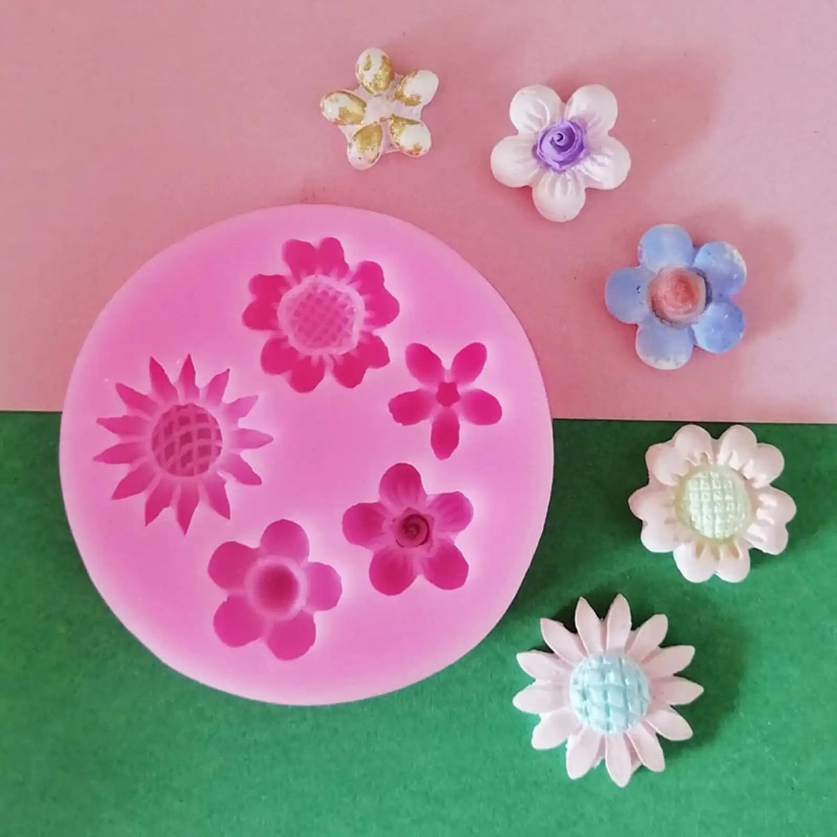 Mixed Flower Silicone Mold 5 cavity designs – sunflower, daisy, rose, plum blossom