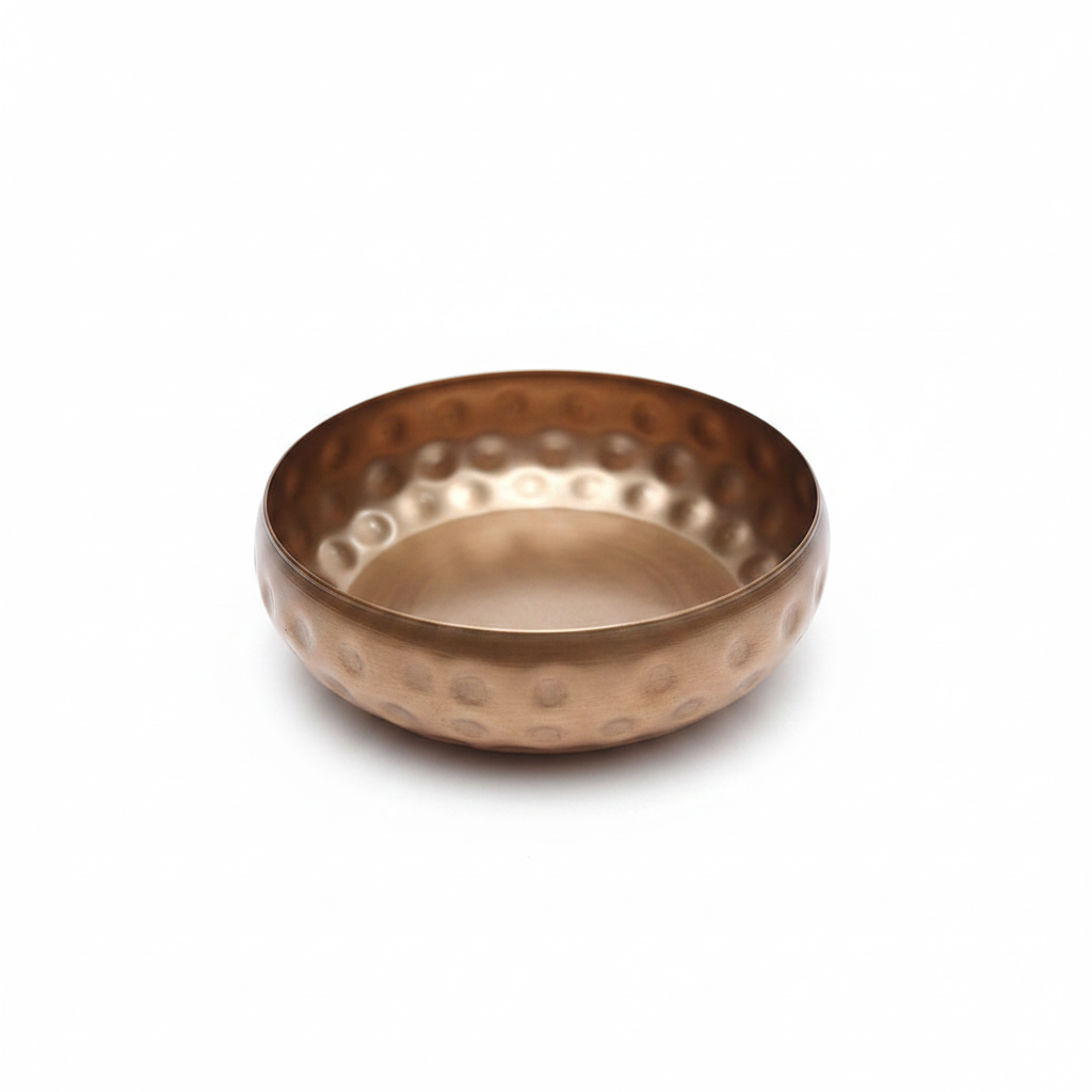 Hammered copper gold round bowl candle vessel, 4 inch, angled view