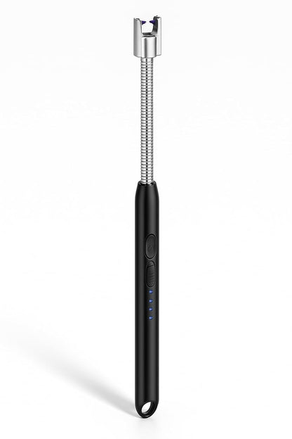 Arc lighter feature callouts: arc pulse ignition, battery status LEDs, safety lock, USB charging port, ignition switch, hanging hook – 4 colour options