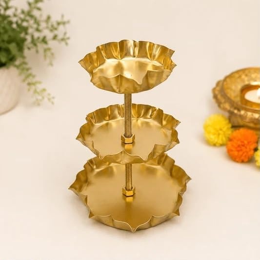 3-tier gold metal lotus petal scalloped tray stand on white background, front view