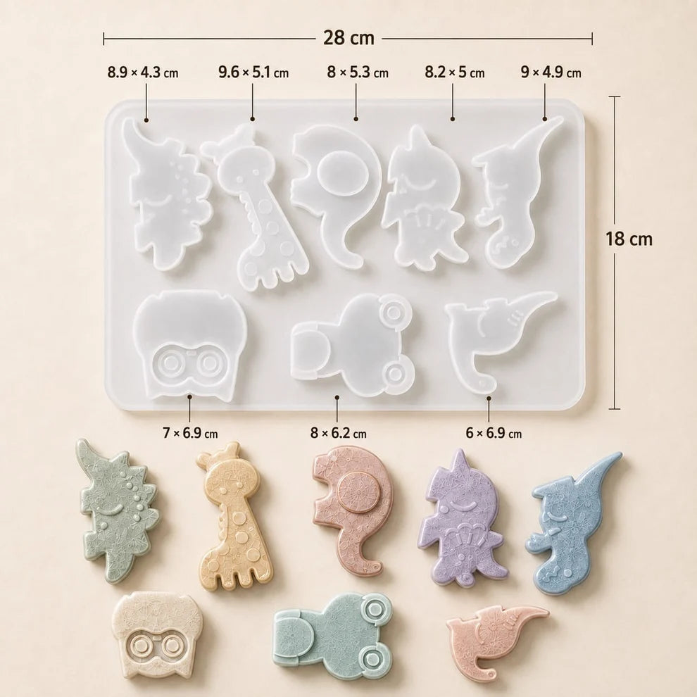 DIY Animal Dinosaur Gypsum Concrete Silicone Mould – 8 shapes, mould 28x18cm, individual sizes from 6x6.9cm to 9.6x5.1cm
