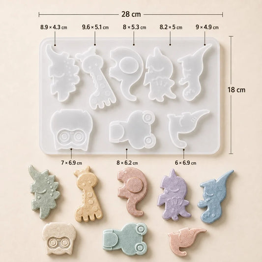 DIY Animal Dinosaur Gypsum Concrete Silicone Mould – 8 shapes, mould 28x18cm, individual sizes from 6x6.9cm to 9.6x5.1cm