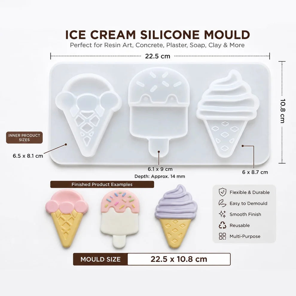 Ice Cream Silicone Mould 22.5x10.8cm – 3 shapes: cone 6.5x8.1cm, popsicle 6.1x9cm, soft serve 6x8.7cm, depth 14mm