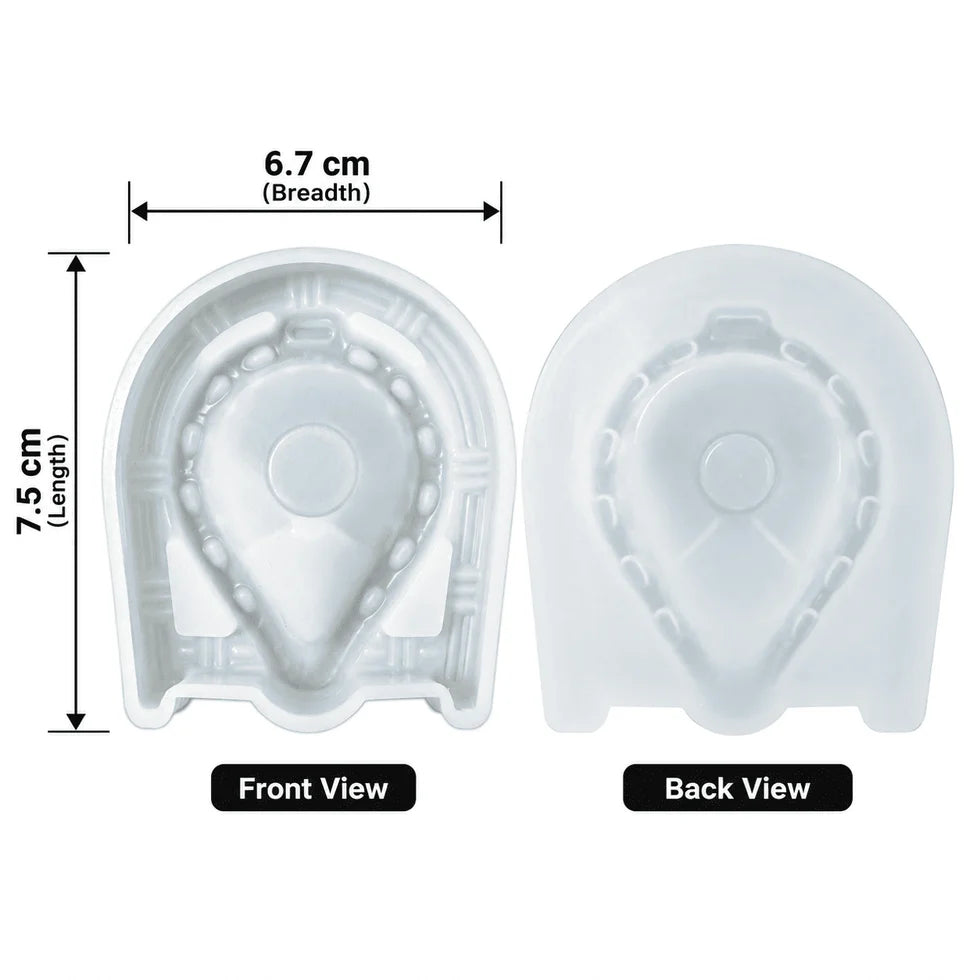Front and back views of ornate diya mould marked 7.5 cm long and 6.7 cm wide