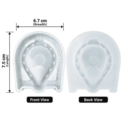 Front and back views of ornate diya mould marked 7.5 cm long and 6.7 cm wide