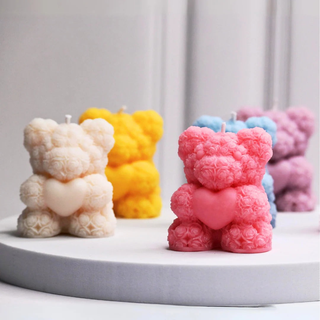 Rose Teddy Bear Silicone Candle Mould — 3D Flower Heart Bear Wax & Soap Cast (7.1cm)