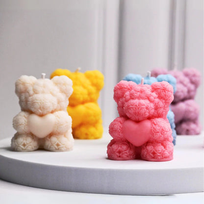 Rose Teddy Bear Silicone Candle Mould — 3D Flower Heart Bear Wax & Soap Cast (7.1cm)
