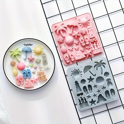 Pink and grey beach theme silicone moulds with finished colourful beach shape figurines on a plate