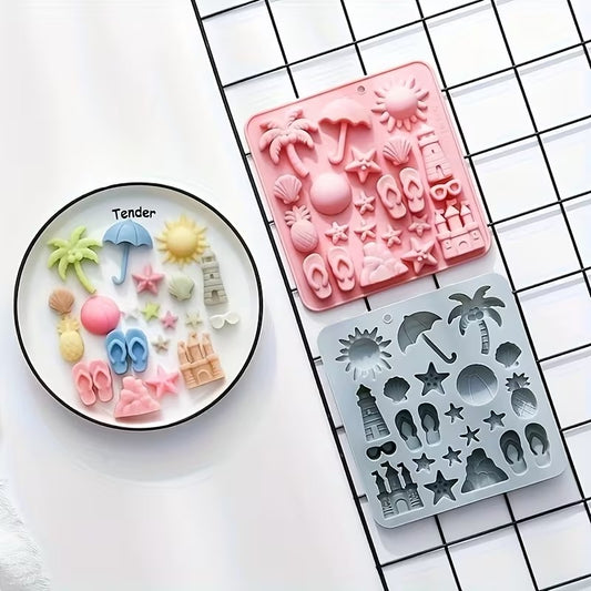 Pink and grey beach theme silicone moulds with finished colourful beach shape figurines on a plate