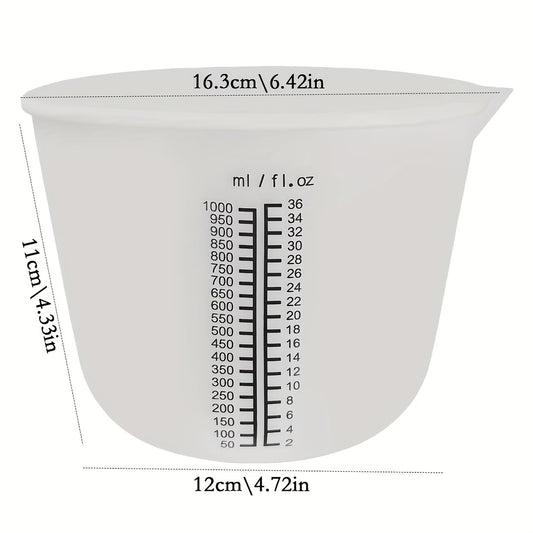 Silicone Measuring Cup 1000ml – top diameter 16.3cm, bottom 12cm, height 11cm, with ml and fl.oz dual scale markings