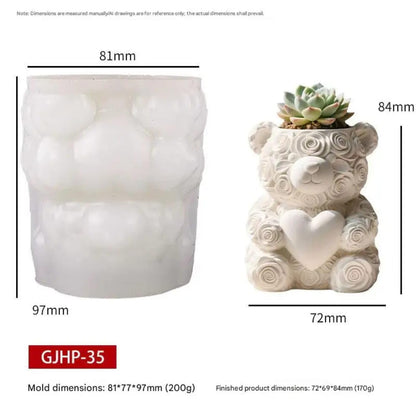 Rose Teddy Bear Silicone Mold | 8cm Heart Flower Bear Wax Planter for Candles Succulents