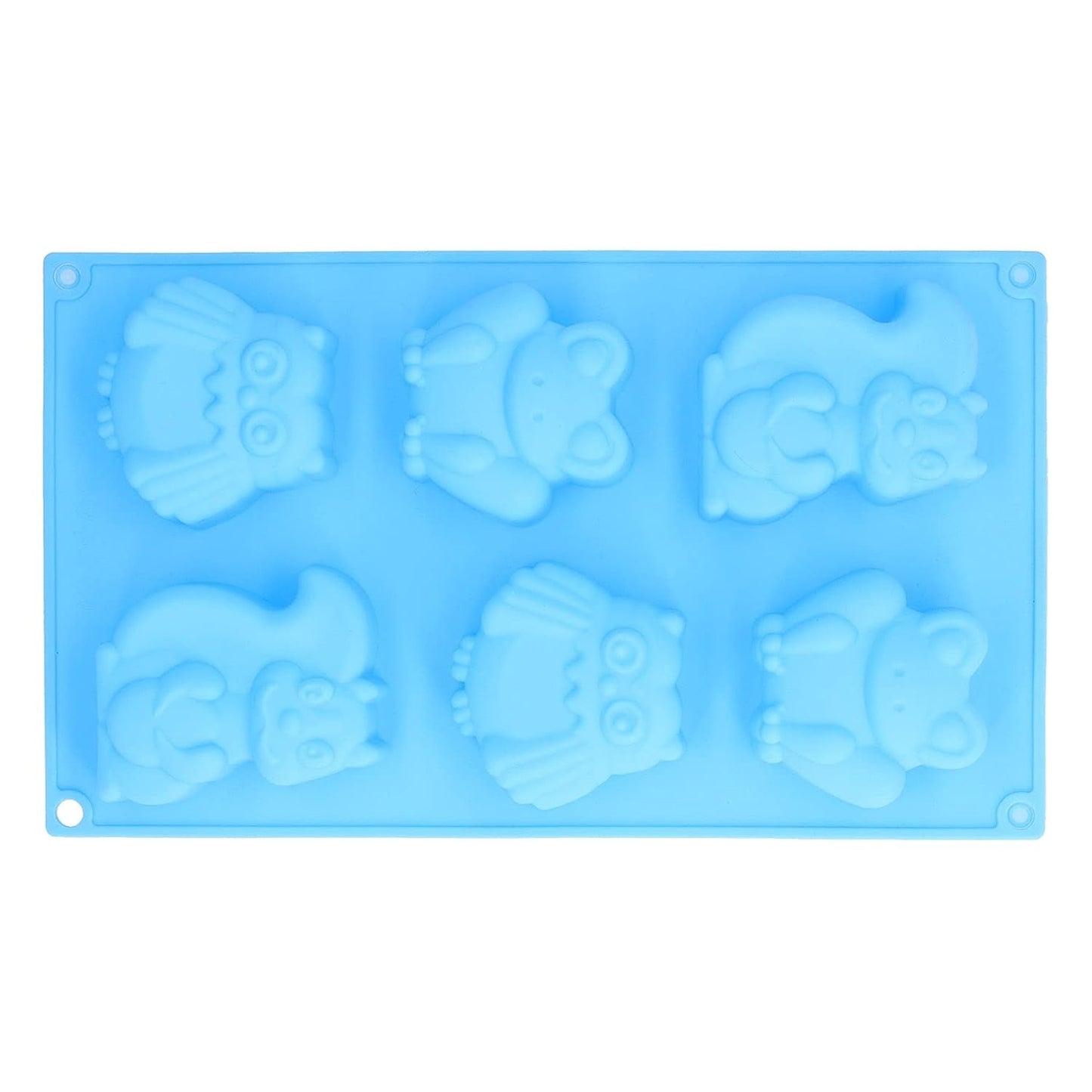 Blue 6-cavity silicone mould showing squirrel, owl and frog shapes top view