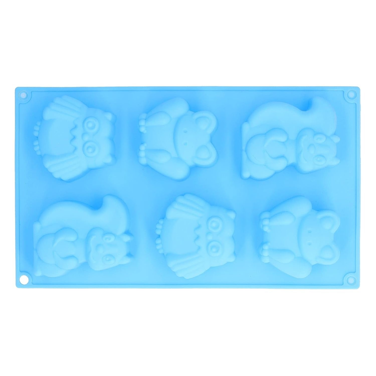 Blue 6-cavity silicone mould showing squirrel, owl and frog shapes top view