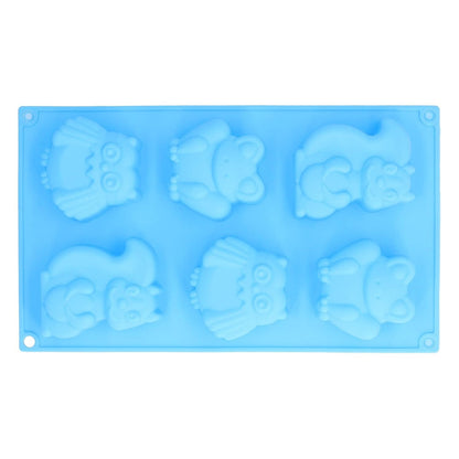 Blue 6-cavity silicone mould showing squirrel, owl and frog shapes top view