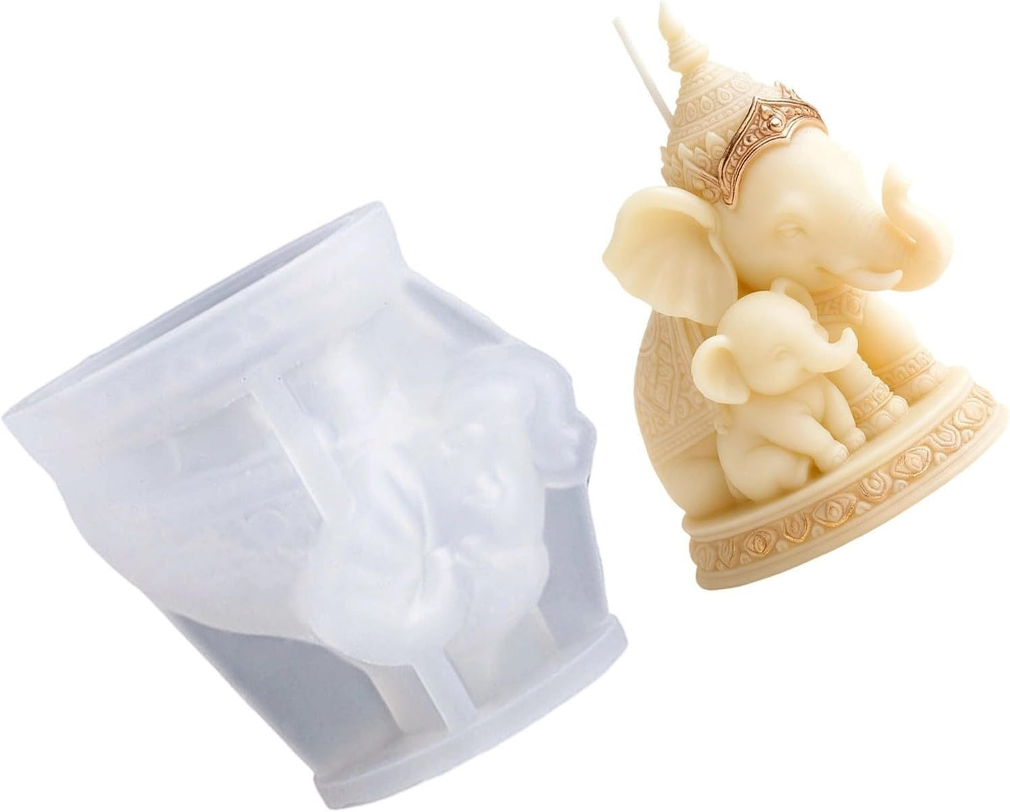 Thai elephant and baby wax candle cast from silicone mould displayed outdoors on wicker tray with incense